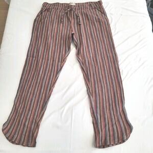Pact Pants Woman Large Brown Striped Organic Cotton Cropped Gauze Boho Scalloped